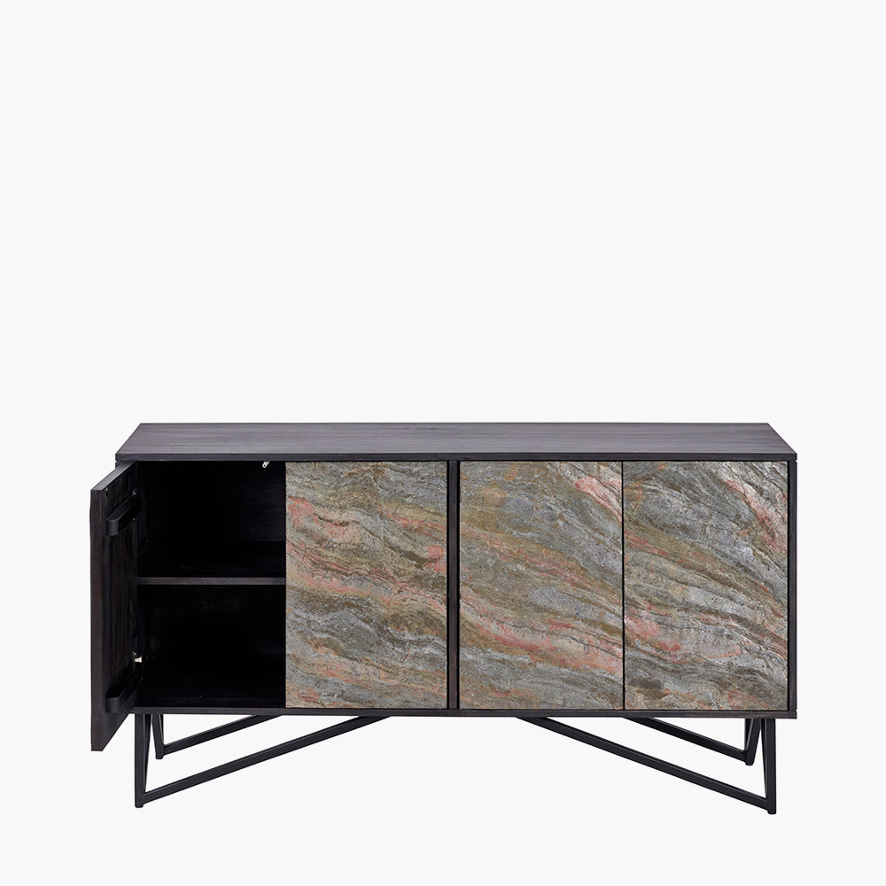 Beau&Co Alrik Black Mango Wood and Stone Veneer 4 Door Sideboard