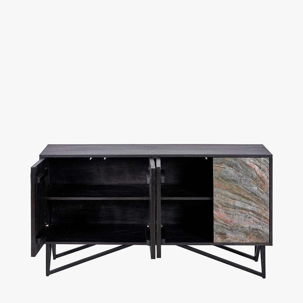 Beau&Co Alrik Black Mango Wood and Stone Veneer 4 Door Sideboard