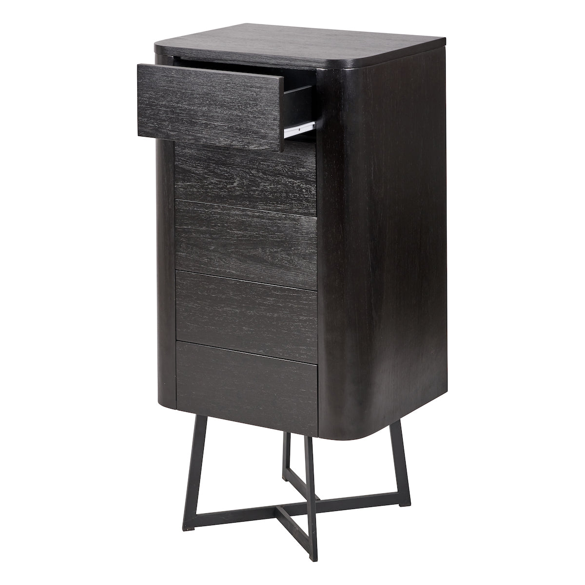 Beau&Co Anker Black Ash Veneer and Black Metal 5 Drawer Tall Boy