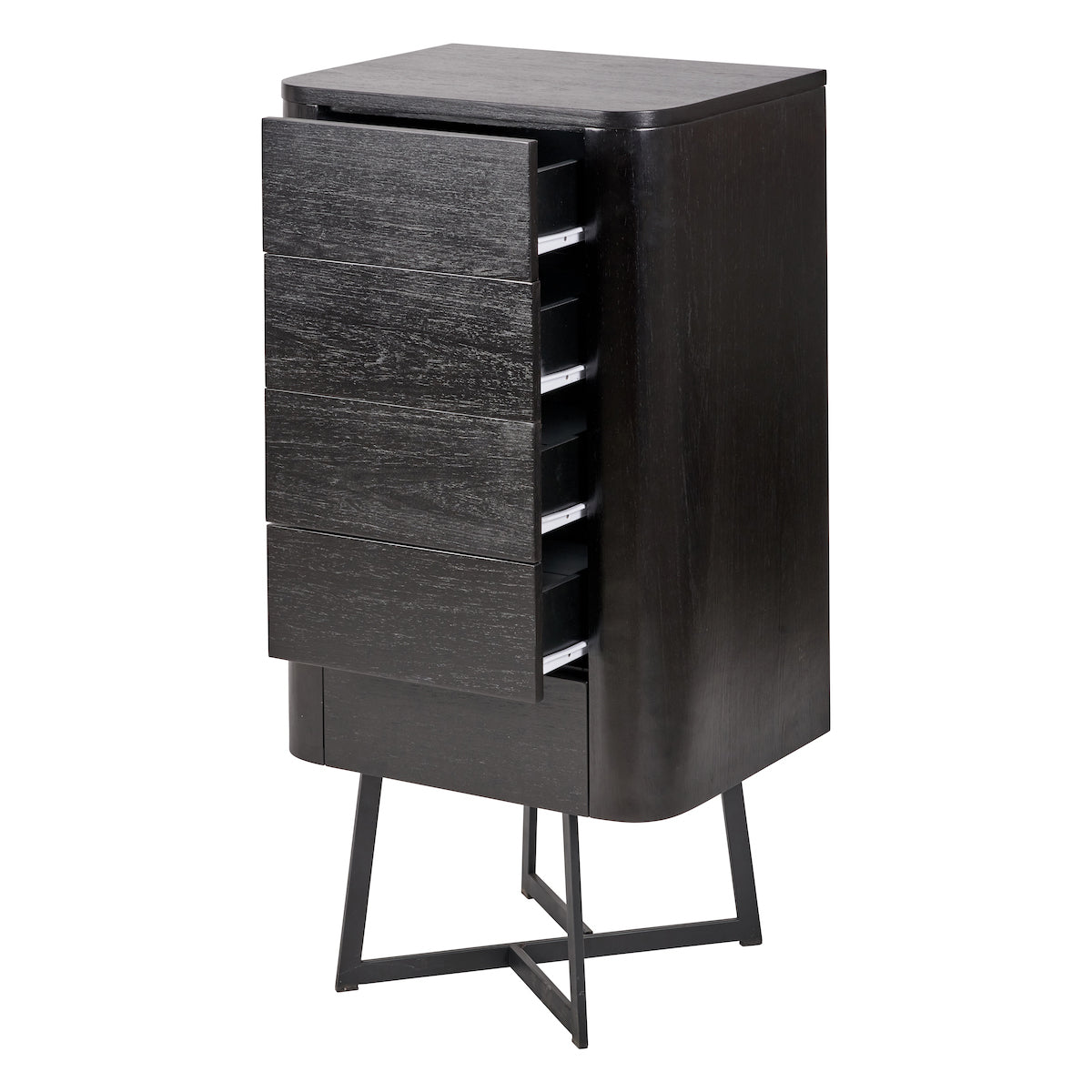 Beau&Co Anker Black Ash Veneer and Black Metal 5 Drawer Tall Boy