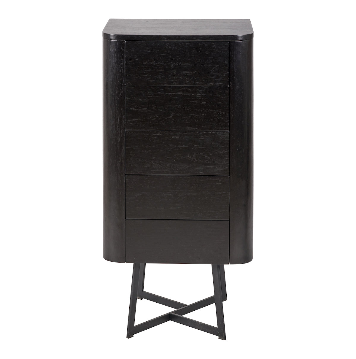 Beau&Co Anker Black Ash Veneer and Black Metal 5 Drawer Tall Boy