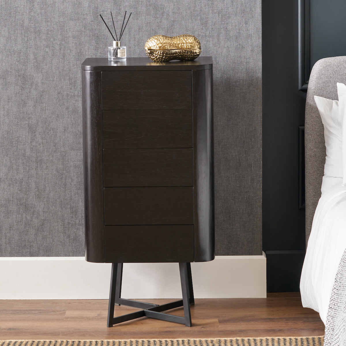 Beau&Co Anker Black Ash Veneer and Black Metal 5 Drawer Tall Boy