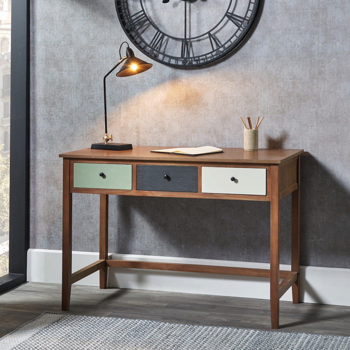 Beau&Co Falk Sage Multicoloured Pine Wood 3 Drawer Desk