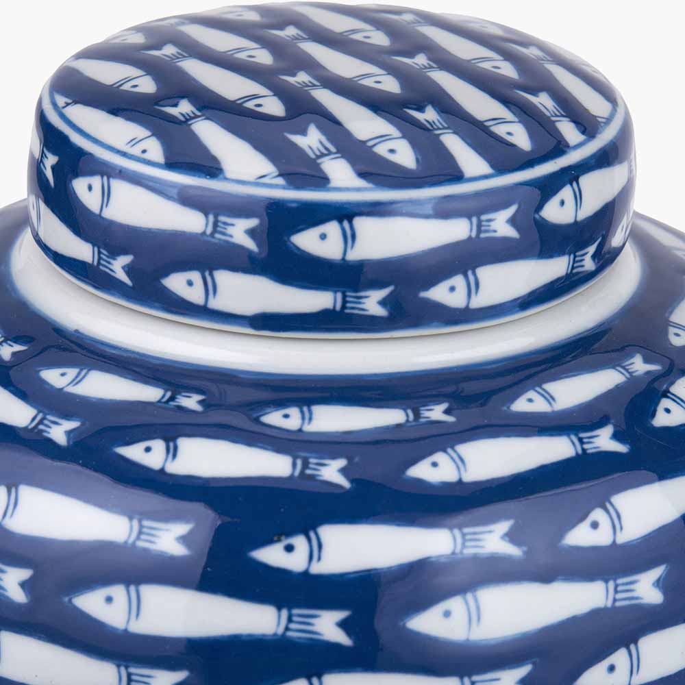 Beau&Co Hakan Blue and White Ceramic Fish Detail Lidded Ginger Jar