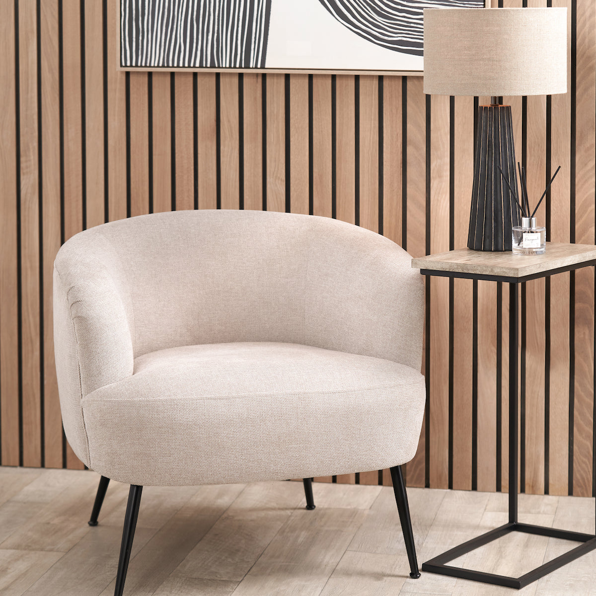 Beau&Co Ingrid Natural Chenille and Black Metal Tub Chair