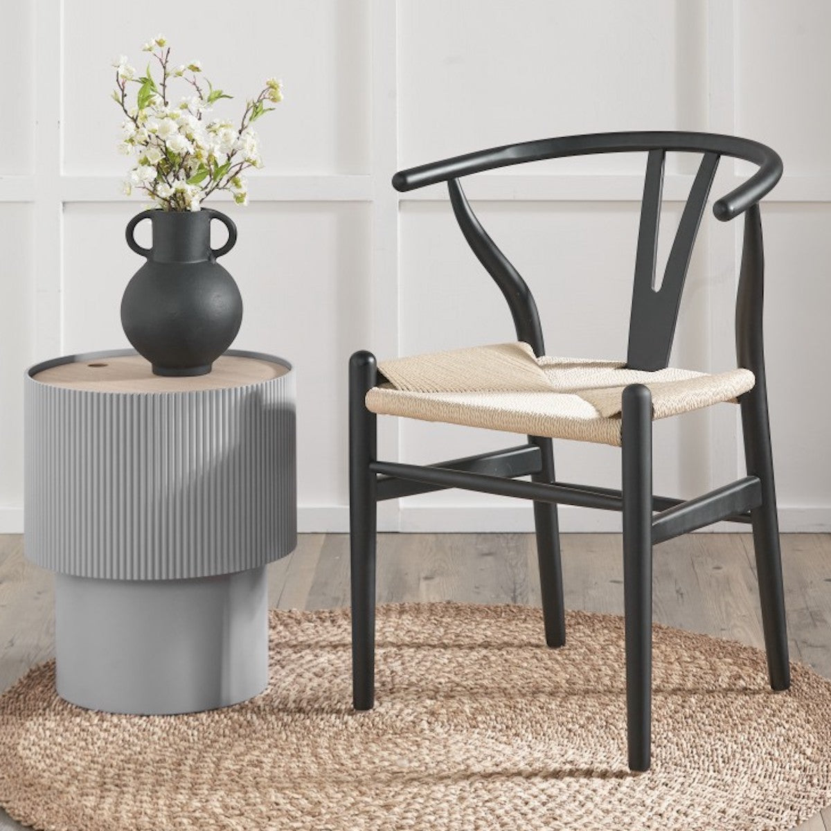 Beau&Co Leif Black Beech Wood and Natural Paper Rope Dining Chair