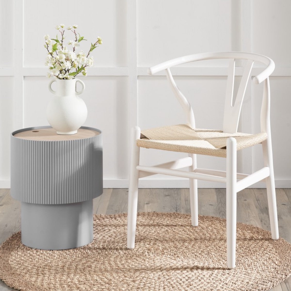 Beau&Co Leif White Beech Wood and Natural Paper Rope Dining Chair