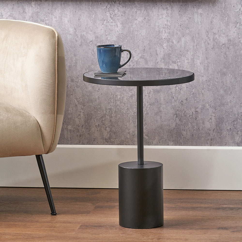 Beau&Co Loke Black Marble and Black Metal Cylinder Base Side Table