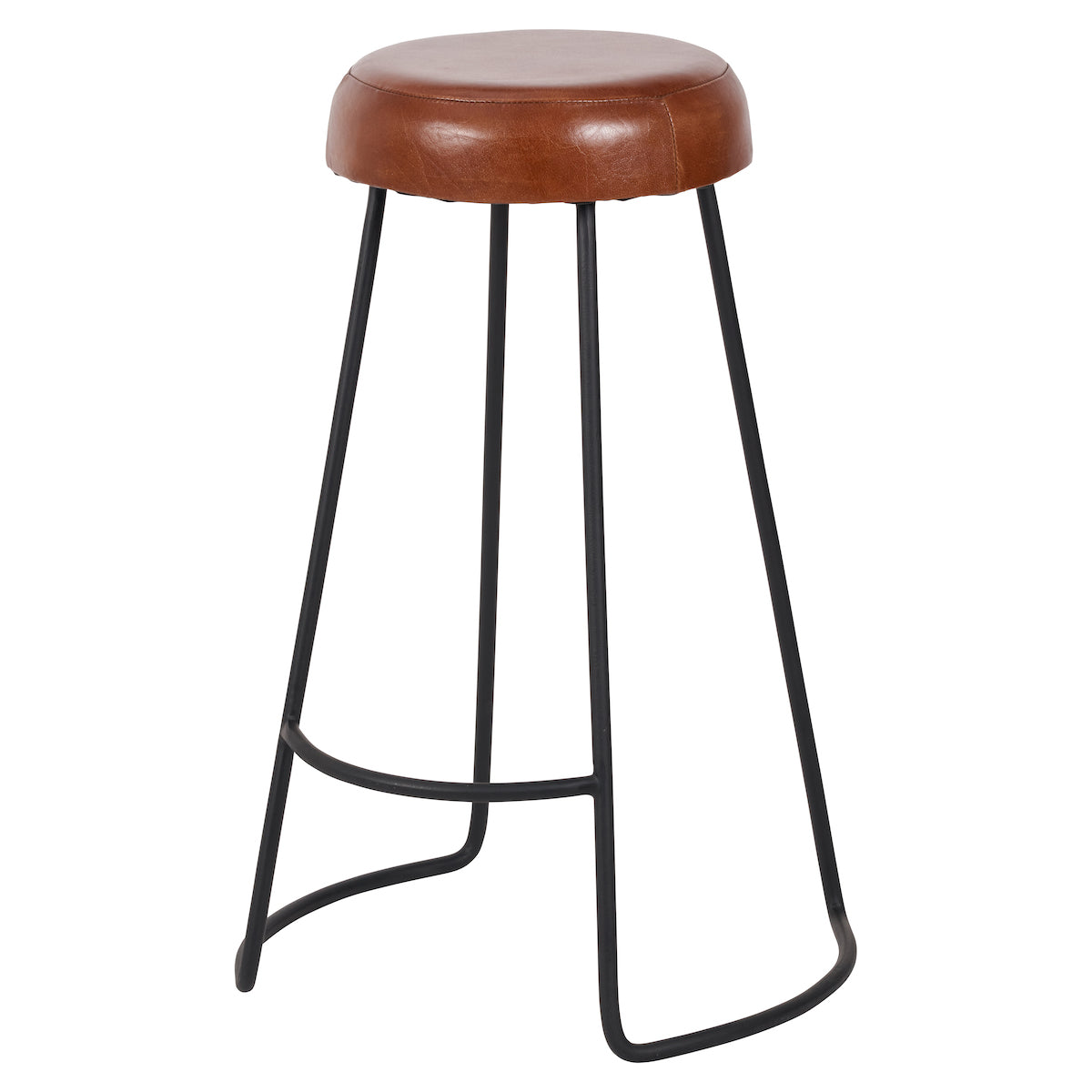 Beau&Co Mikkel Vintage Brown Leather and Black Metal Bar Stool