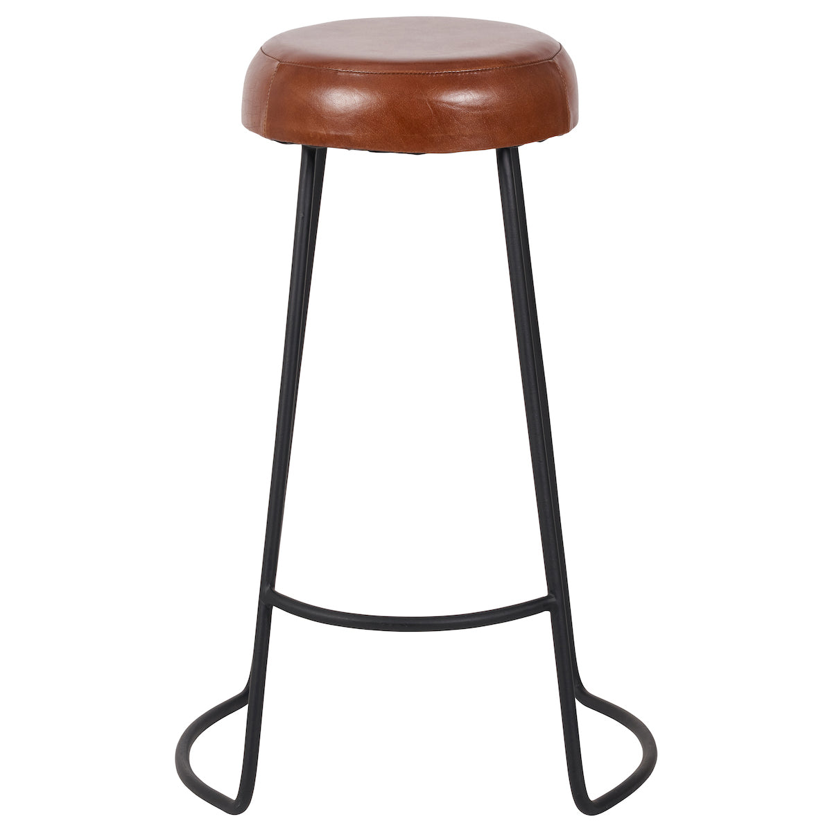 Beau&Co Mikkel Vintage Brown Leather and Black Metal Bar Stool