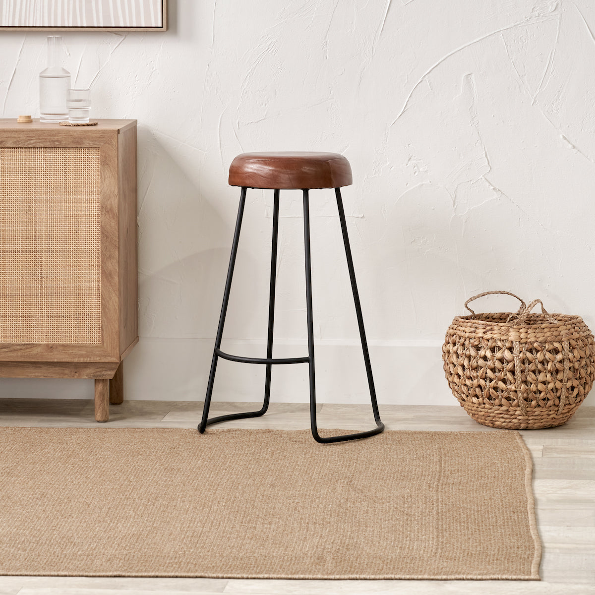 Beau&Co Mikkel Vintage Brown Leather and Black Metal Bar Stool