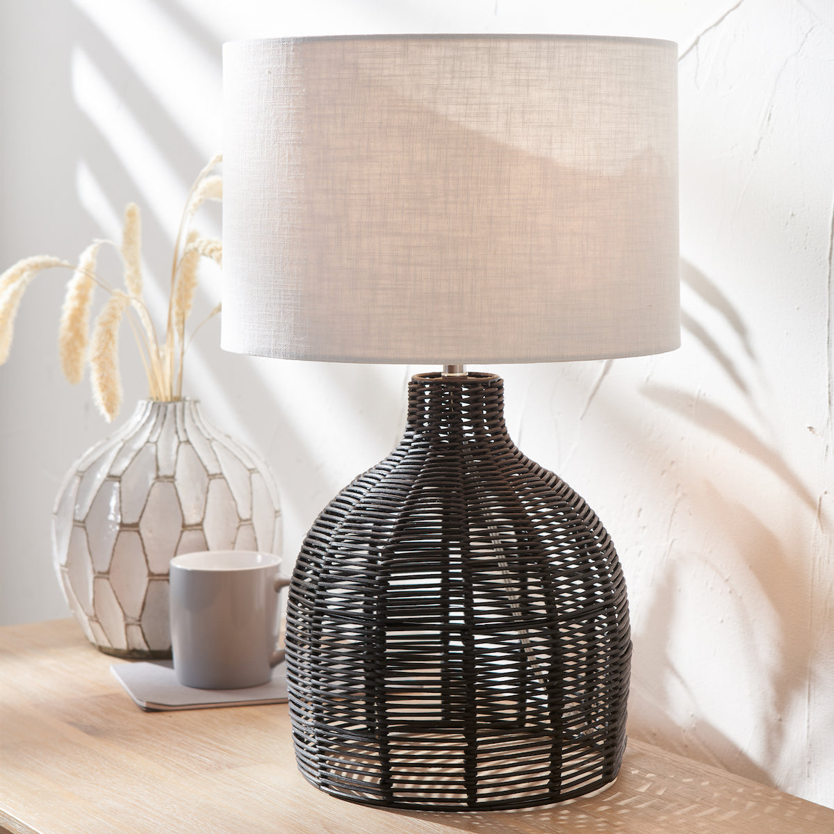 Beau&Co Nils Black Rattan Cloche Table Lamp