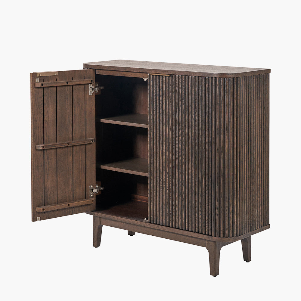 Beau&Co Oskar Dark Brown Ribbed Oak and Pine Wood 2 Door Bar Cabinet