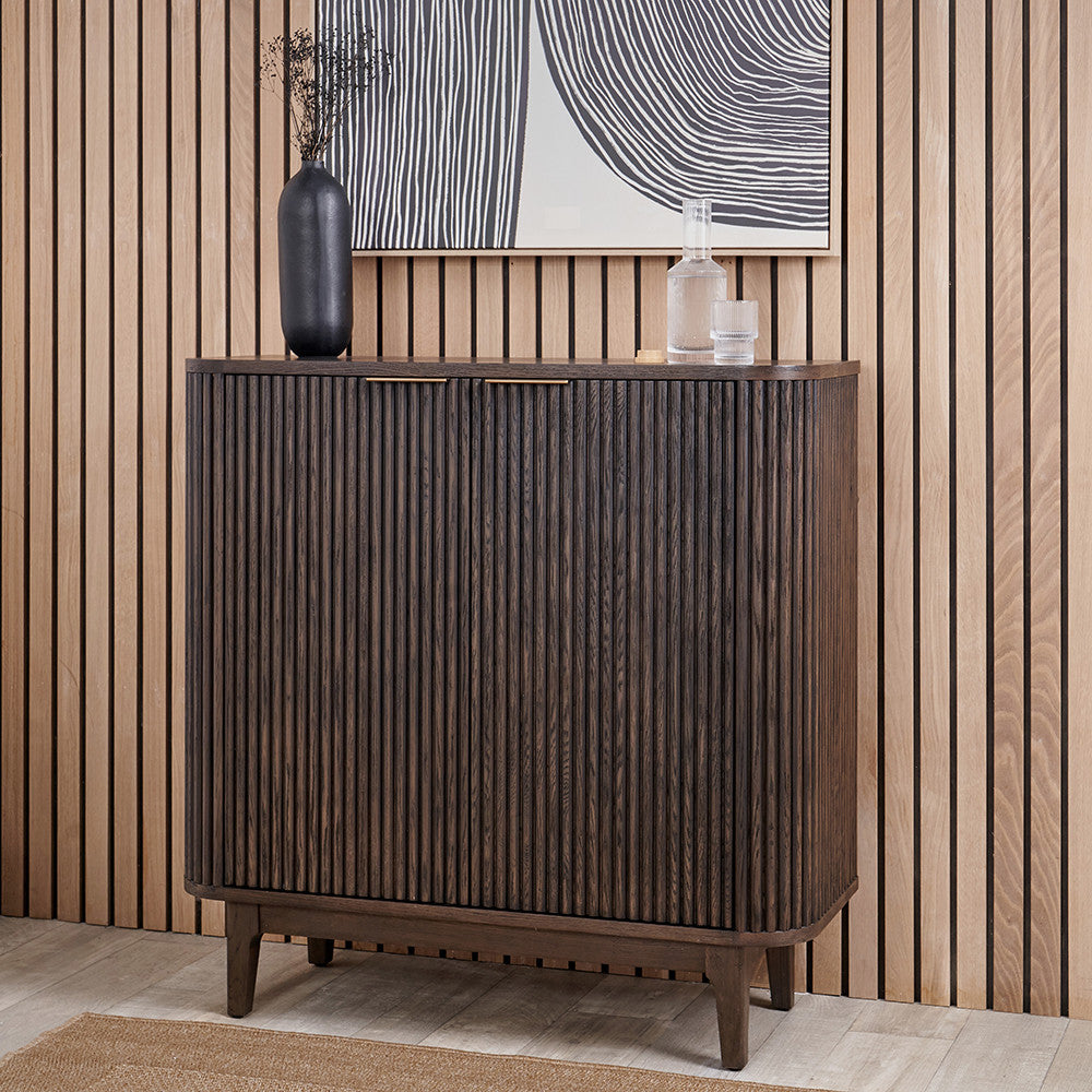 Beau&Co Oskar Dark Brown Ribbed Oak and Pine Wood 2 Door Bar Cabinet