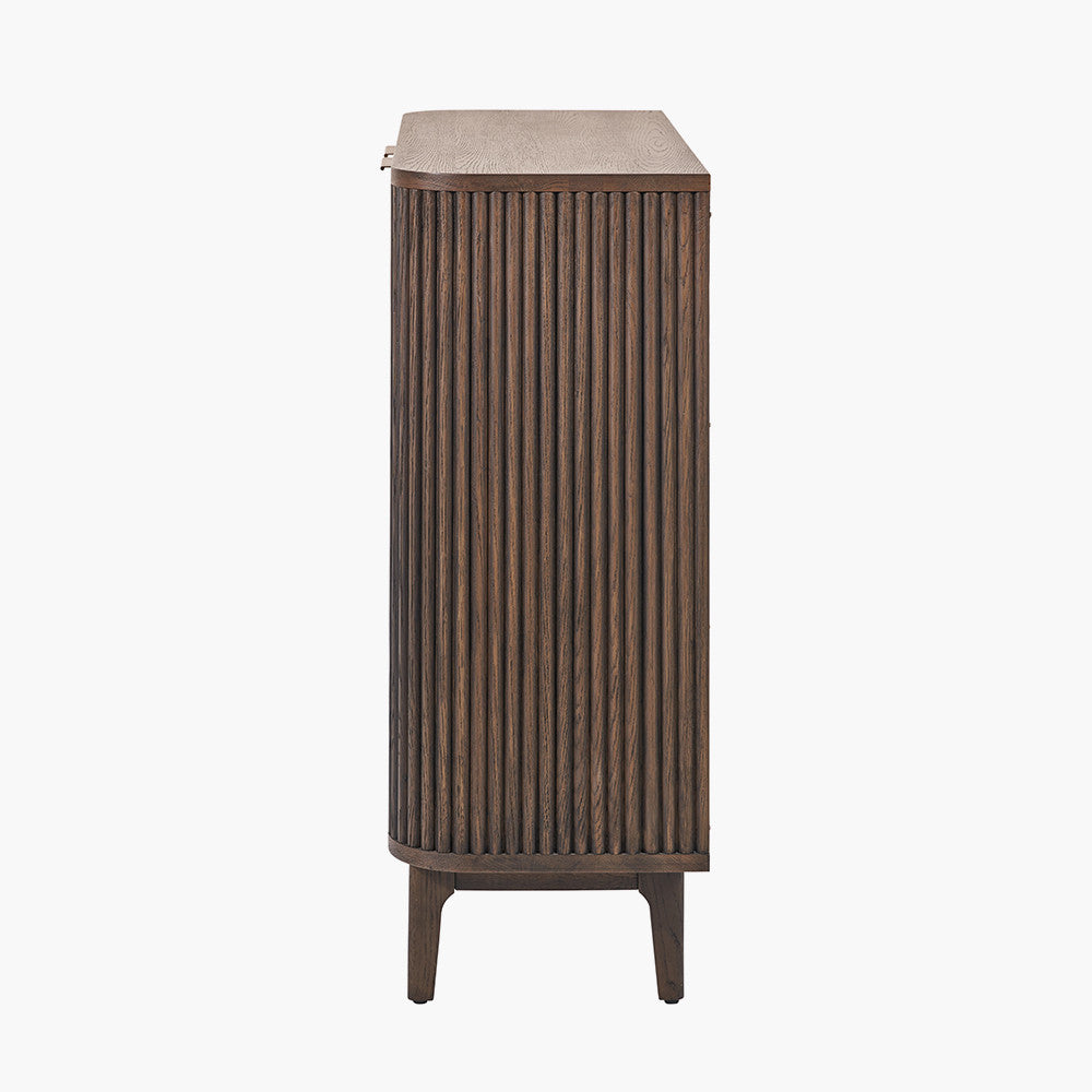 Beau&Co Oskar Dark Brown Ribbed Oak and Pine Wood 2 Door Bar Cabinet