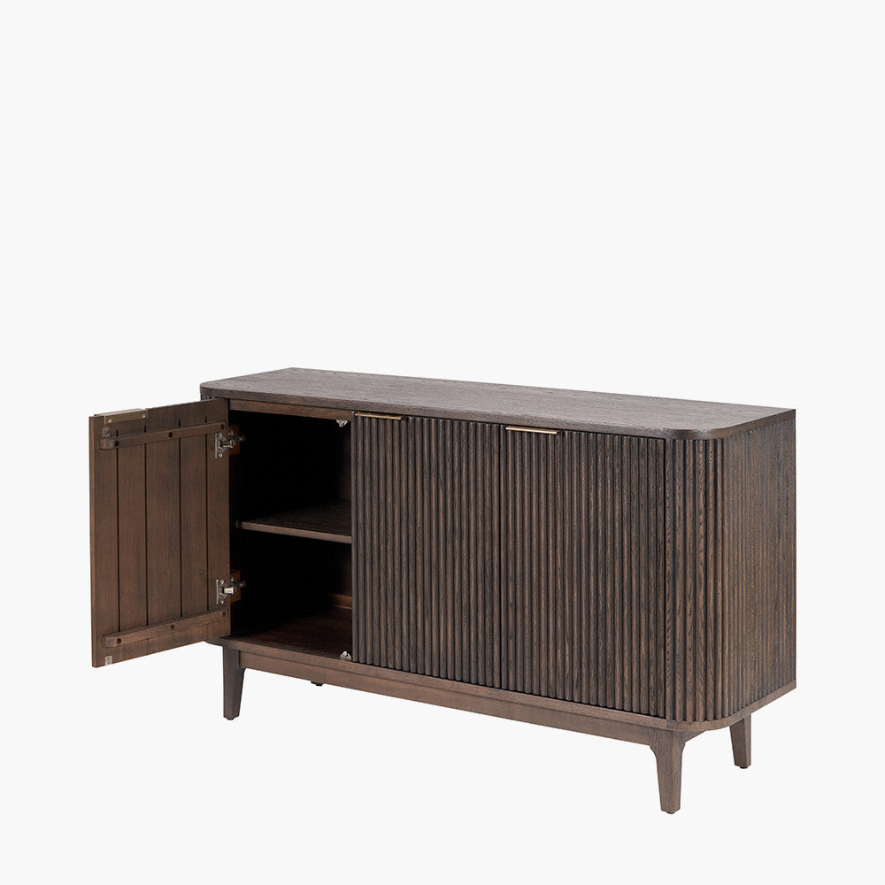 Beau&Co Oskar Dark Brown Ribbed Oak and Pine Wood 3 Door Sideboard