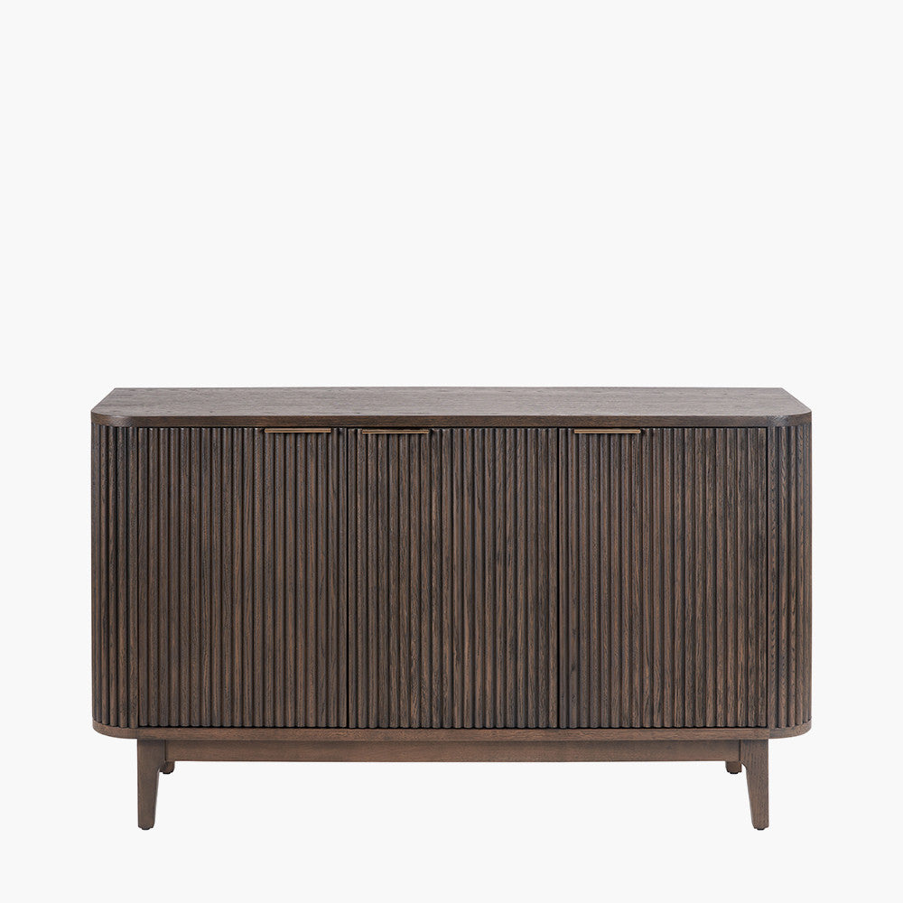 Beau&Co Oskar Dark Brown Ribbed Oak and Pine Wood 3 Door Sideboard