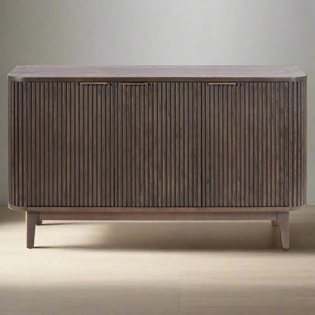 Beau&Co Oskar Dark Brown Ribbed Oak and Pine Wood 3 Door Sideboard
