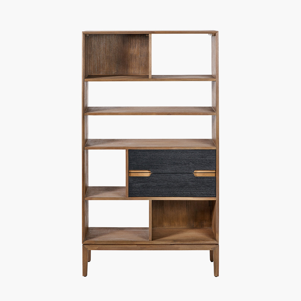 Beau&Co Pelle Black and Natural Acacia Wood 2 Drawer 7 Nook Shelf Unit