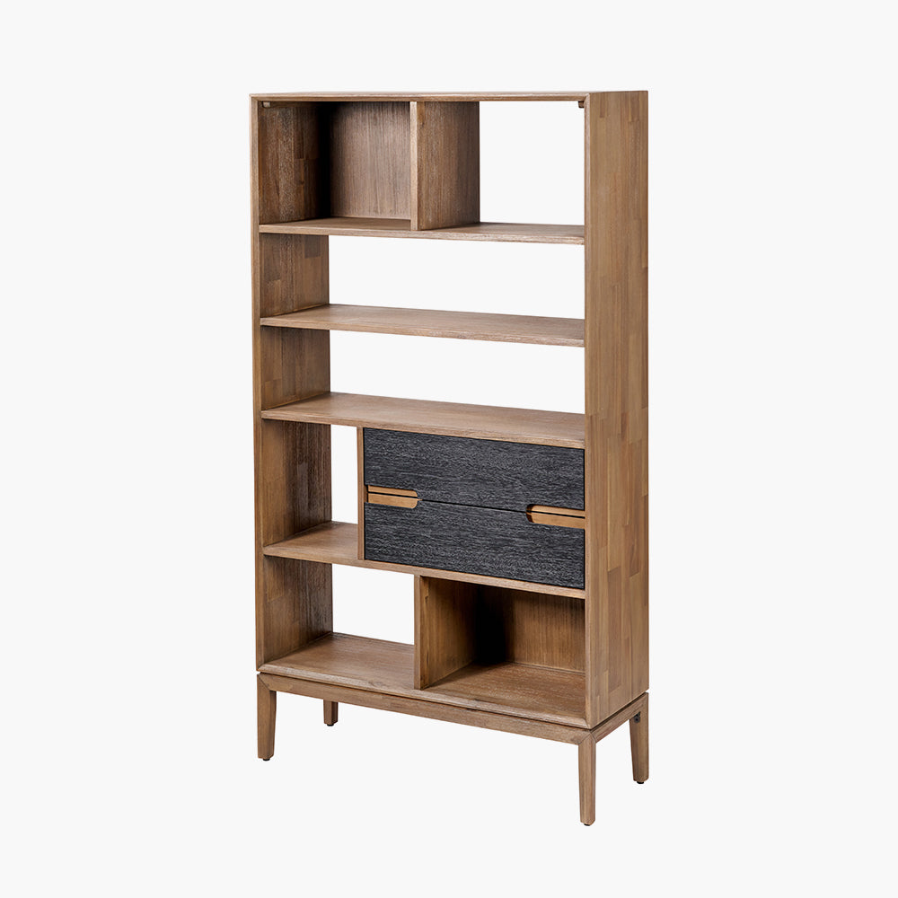Beau&Co Pelle Black and Natural Acacia Wood 2 Drawer 7 Nook Shelf Unit