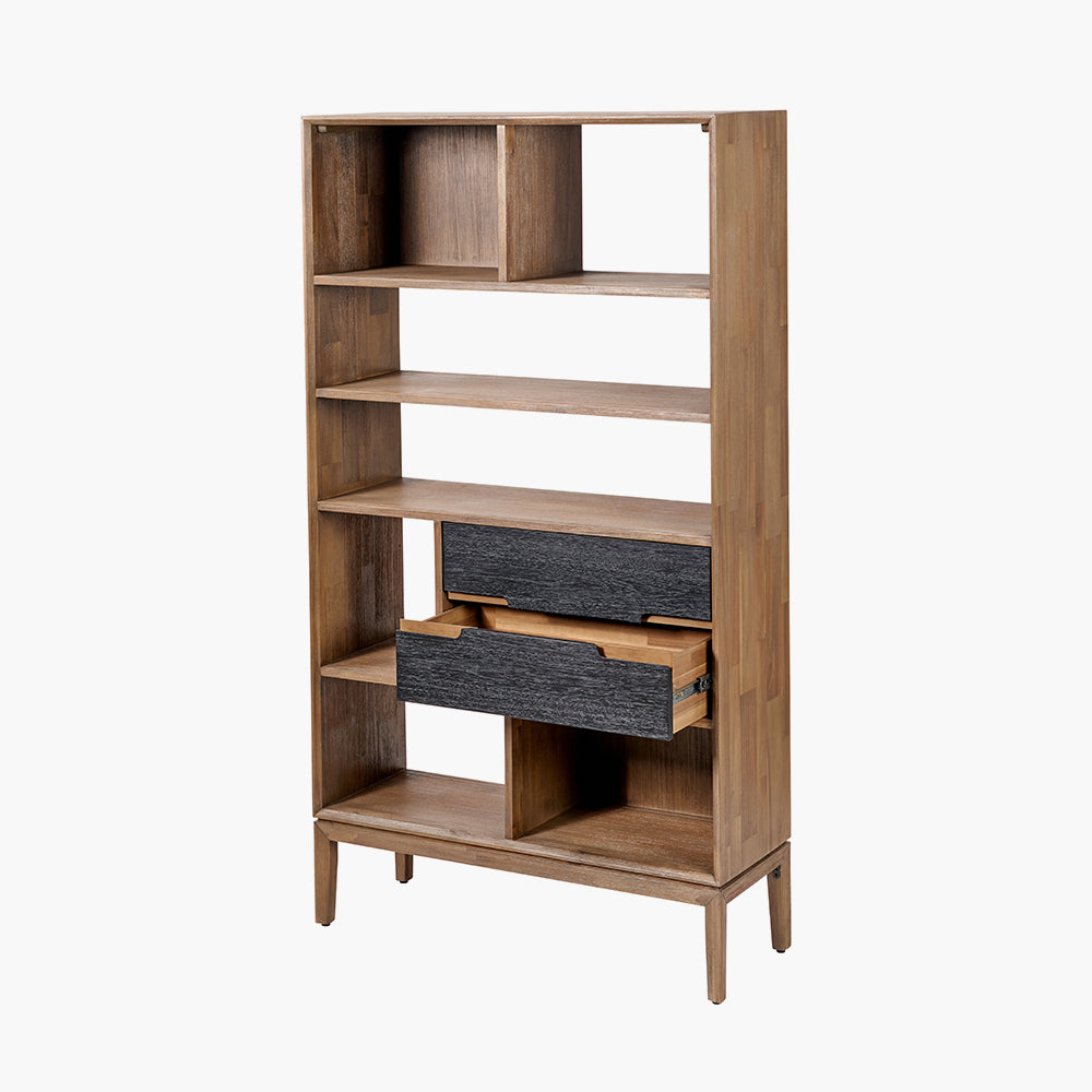 Beau&Co Pelle Black and Natural Acacia Wood 2 Drawer 7 Nook Shelf Unit