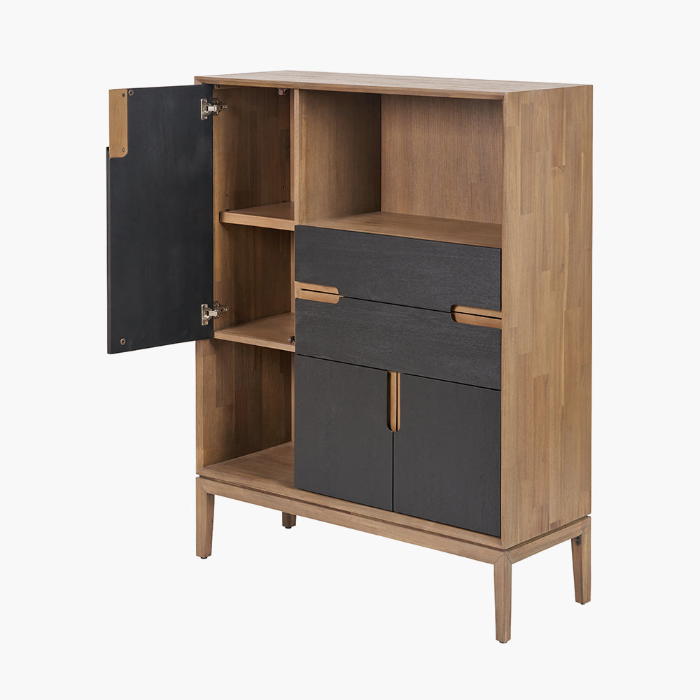 Beau&Co Pelle Black and Natural Acacia Wood 3 Door, 2 Drawer, 2 Nook Shelf Unit