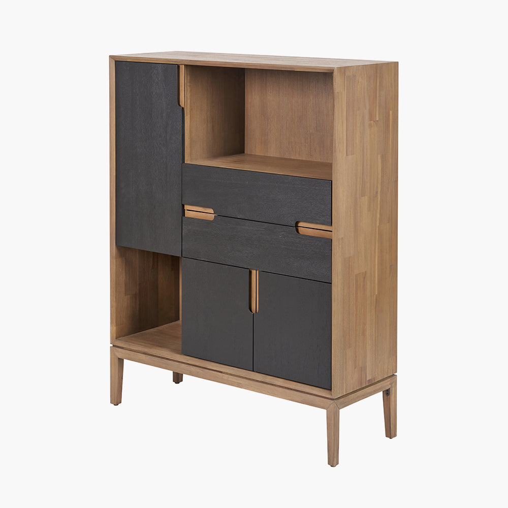 Beau&Co Pelle Black and Natural Acacia Wood 3 Door, 2 Drawer, 2 Nook Shelf Unit
