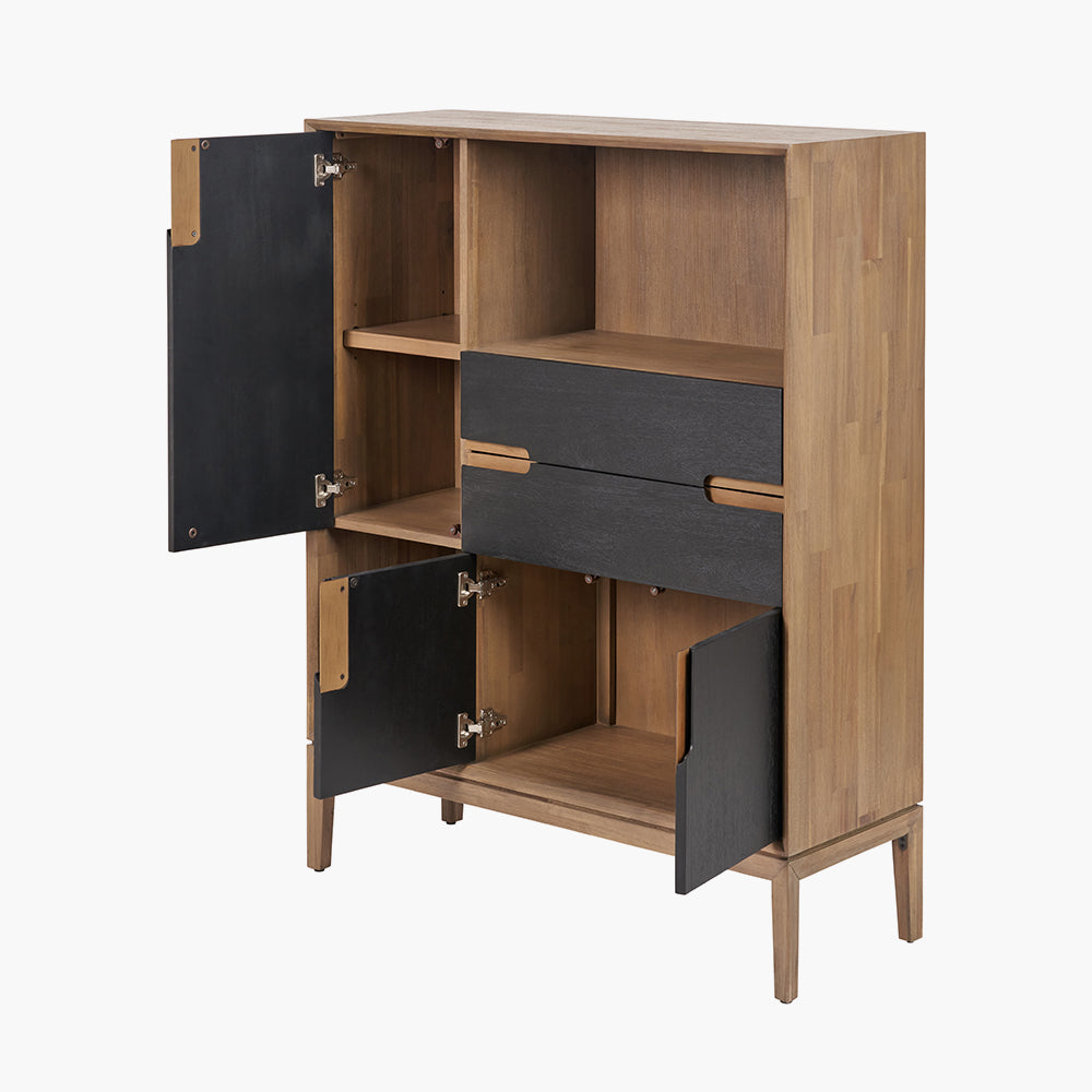 Beau&Co Pelle Black and Natural Acacia Wood 3 Door, 2 Drawer, 2 Nook Shelf Unit