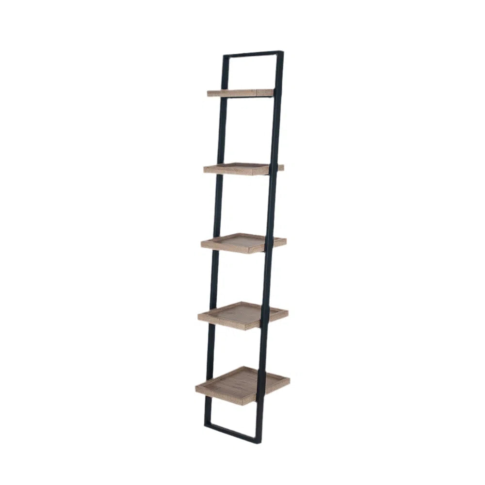 Beau&Co Sigvard Natural Wood Veneer and Black Metal 5 Shelf Ladder Unit