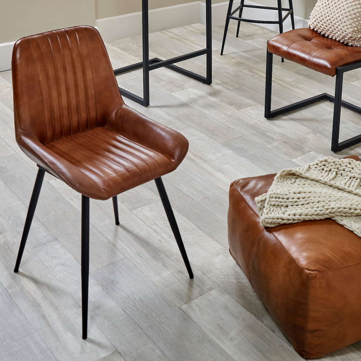 Beau&Co Stagen Vintage Brown Leather and Black Metal Retro Dining Chair