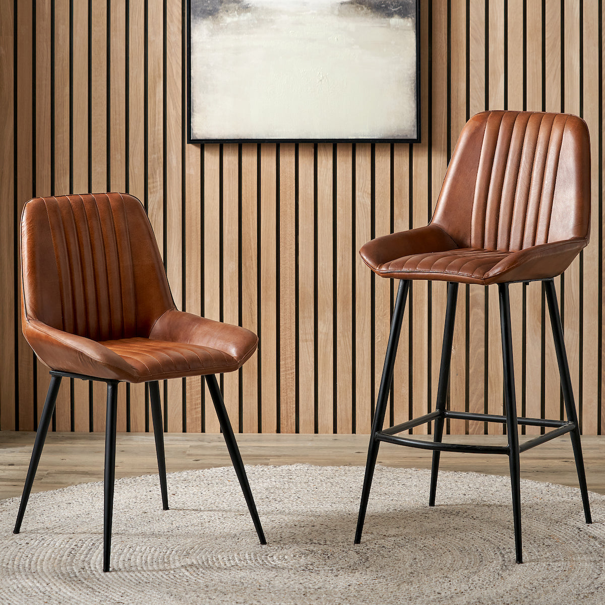 Beau&Co Stagen Vintage Brown Leather and Black Metal Retro Dining Chair
