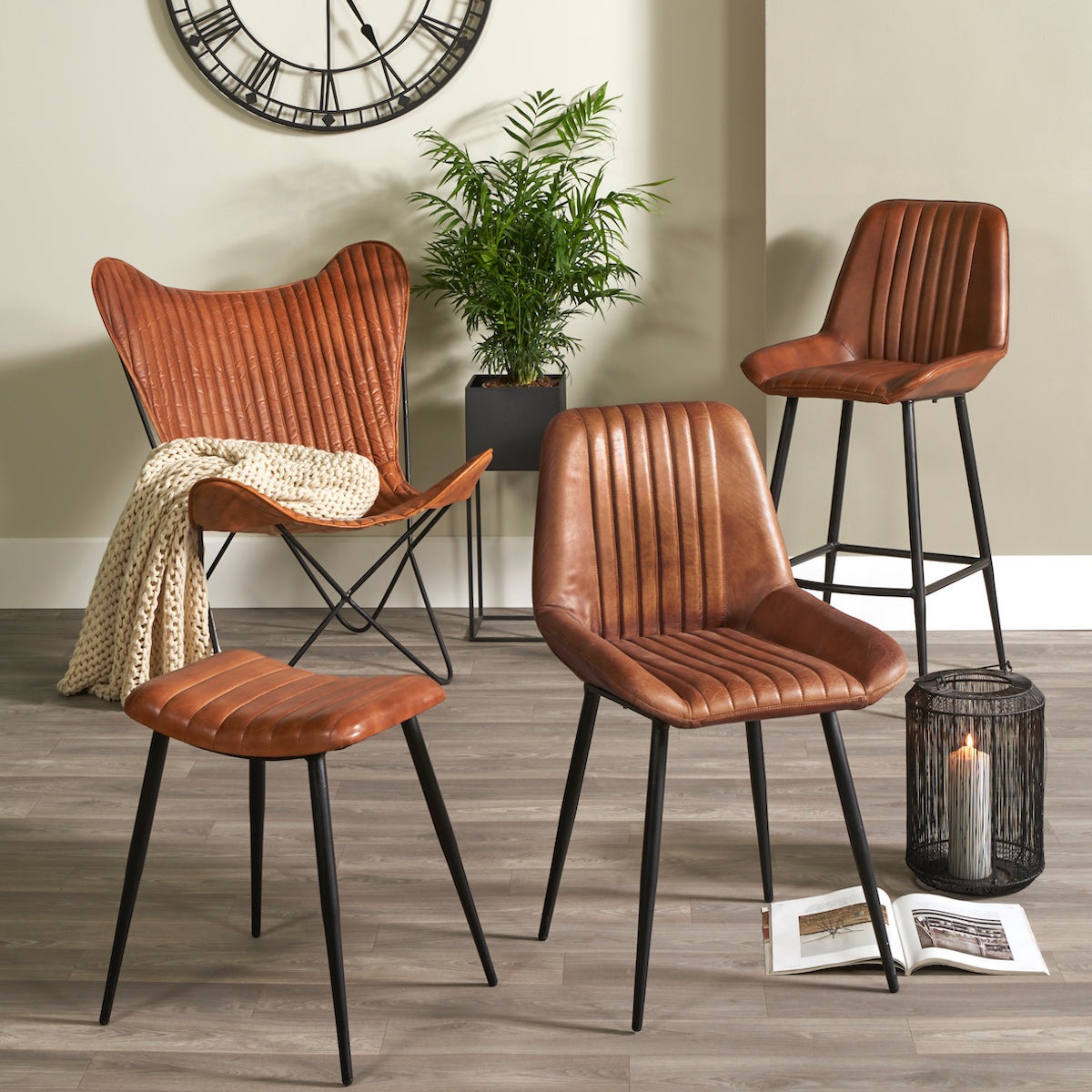 Beau&Co Stagen Vintage Brown Leather and Black Metal Retro Dining Chair