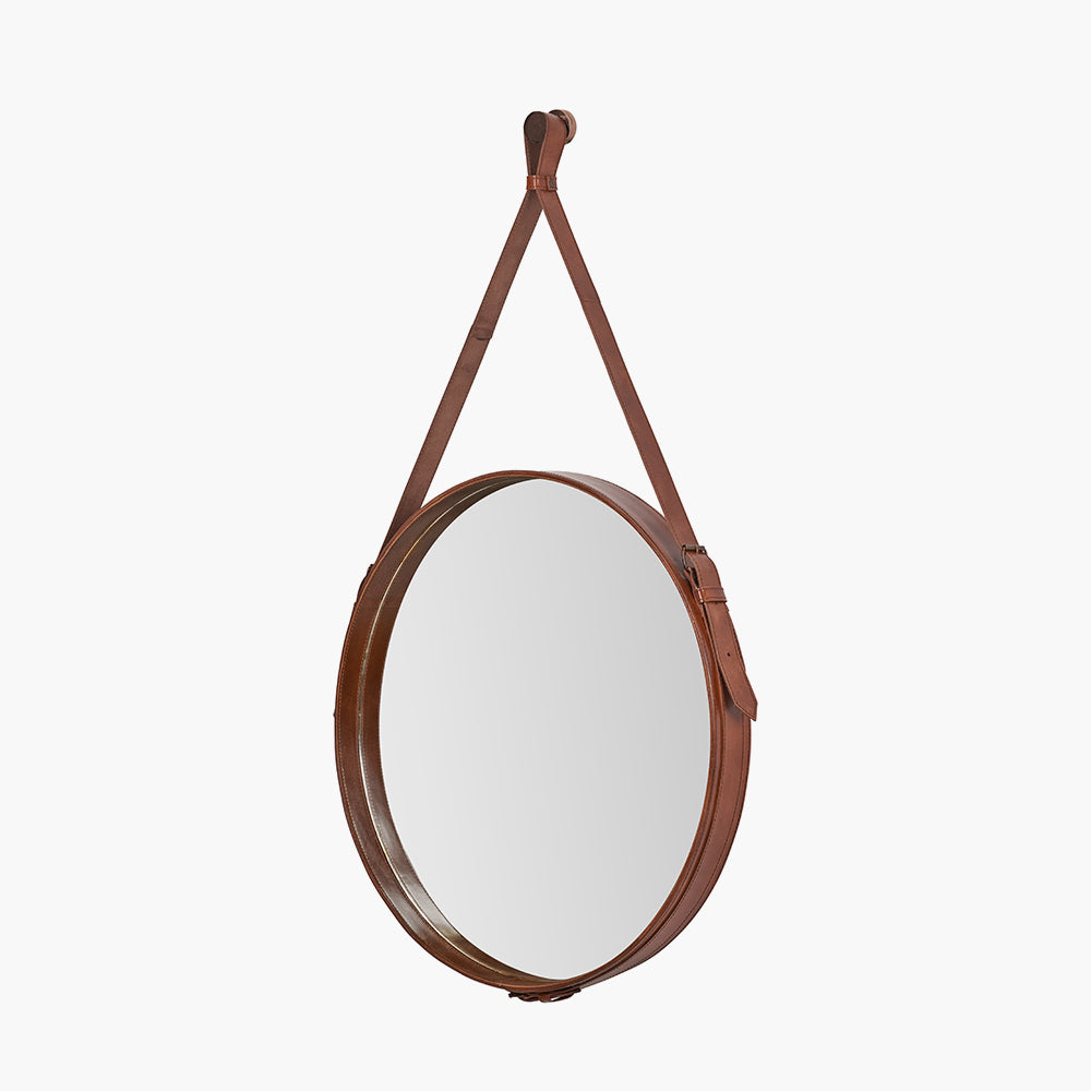 Beau&Co Vintage Brown Leather Frame Round Wall Mirror