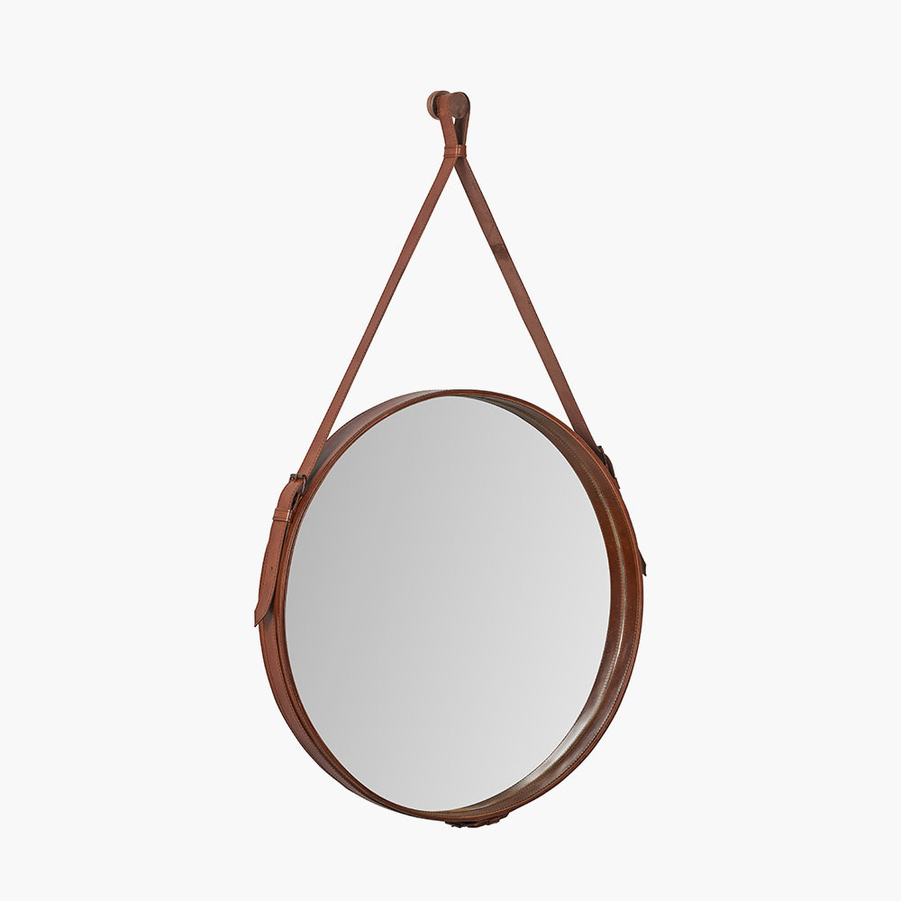 Beau&Co Vintage Brown Leather Frame Round Wall Mirror