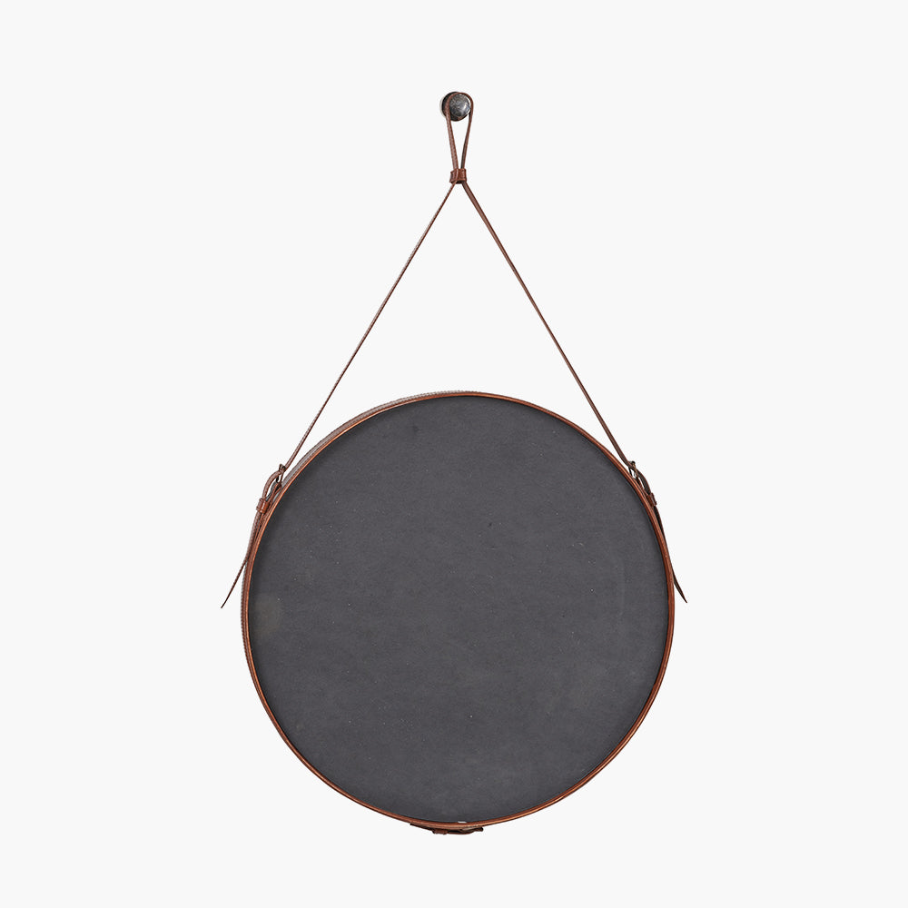 Beau&Co Vintage Brown Leather Frame Round Wall Mirror