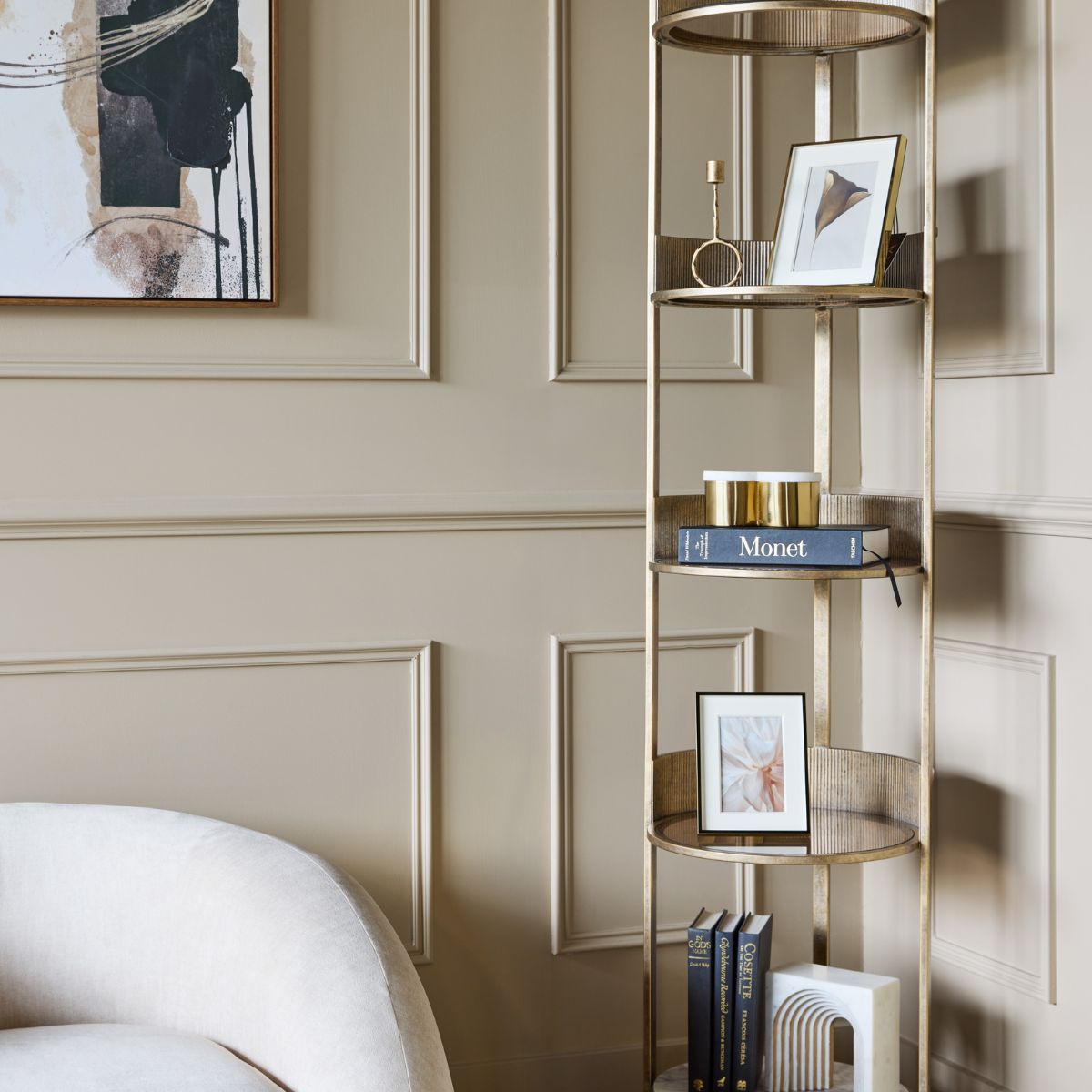 Libra Interiors Belvedere Aged Gold Round Shelving Unit