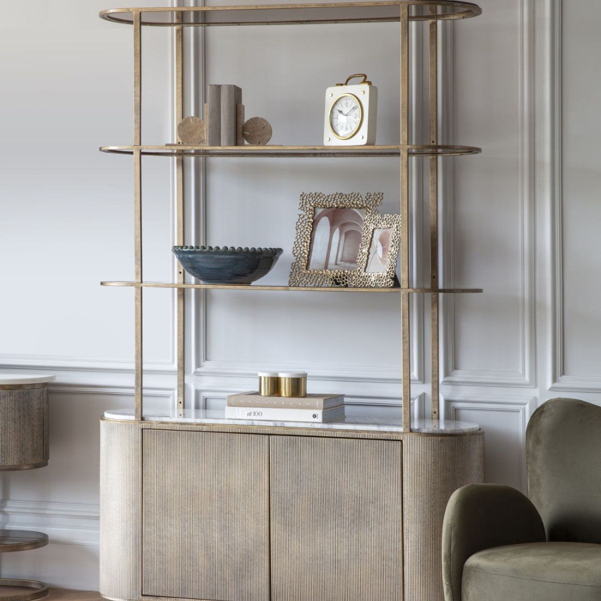 Libra Interiors Belvedere Aged Gold Shelving Unit With Storage