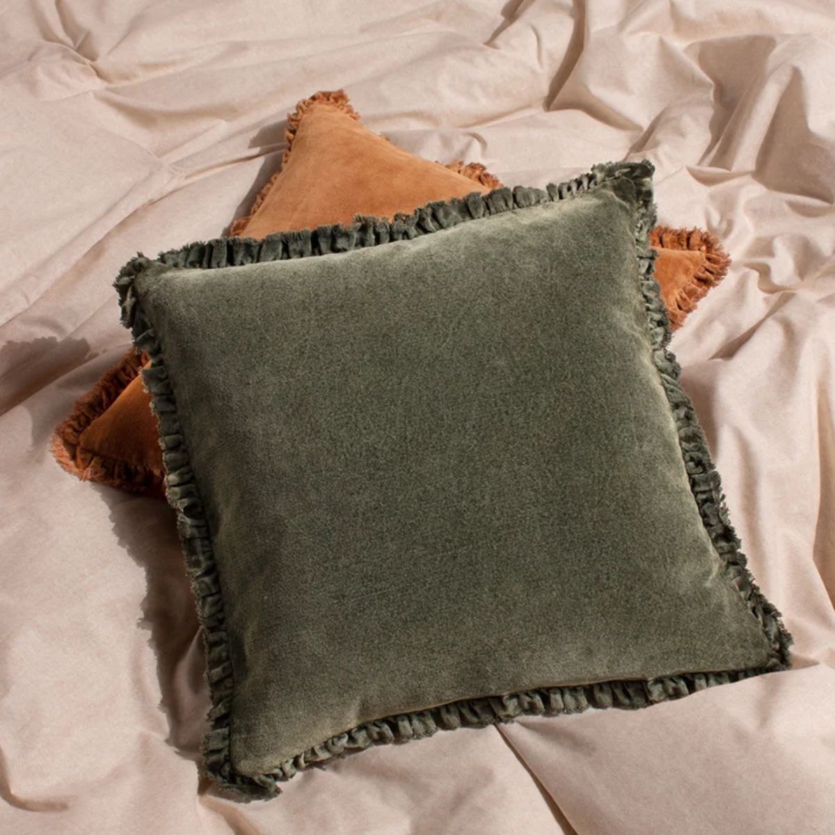 Riva Home Bertie Washed Cotton Velvet Cushion Moss