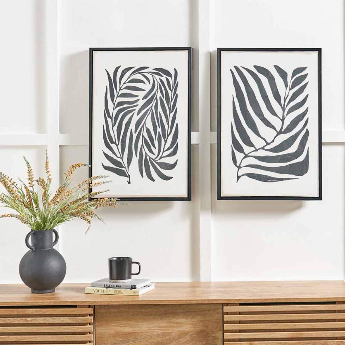 Pacific Lifestyle S/2 Black Leaf Print Canvases with Black Frames