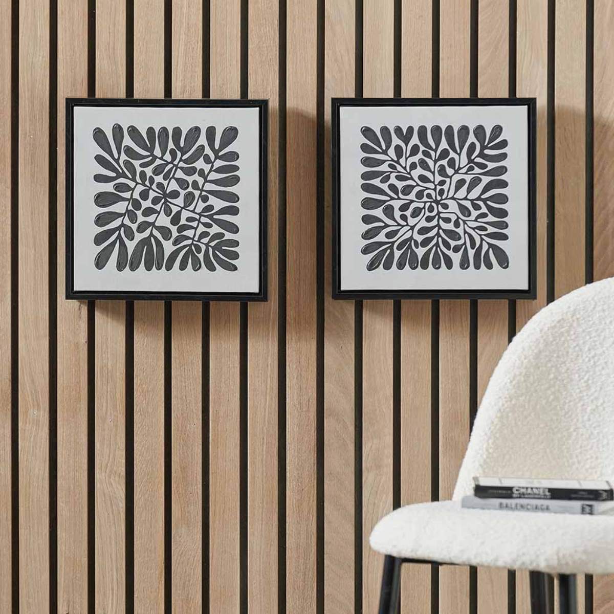 Pacific Lifestyle S/2 Black Leaf Print Square Canvases with Black Frames