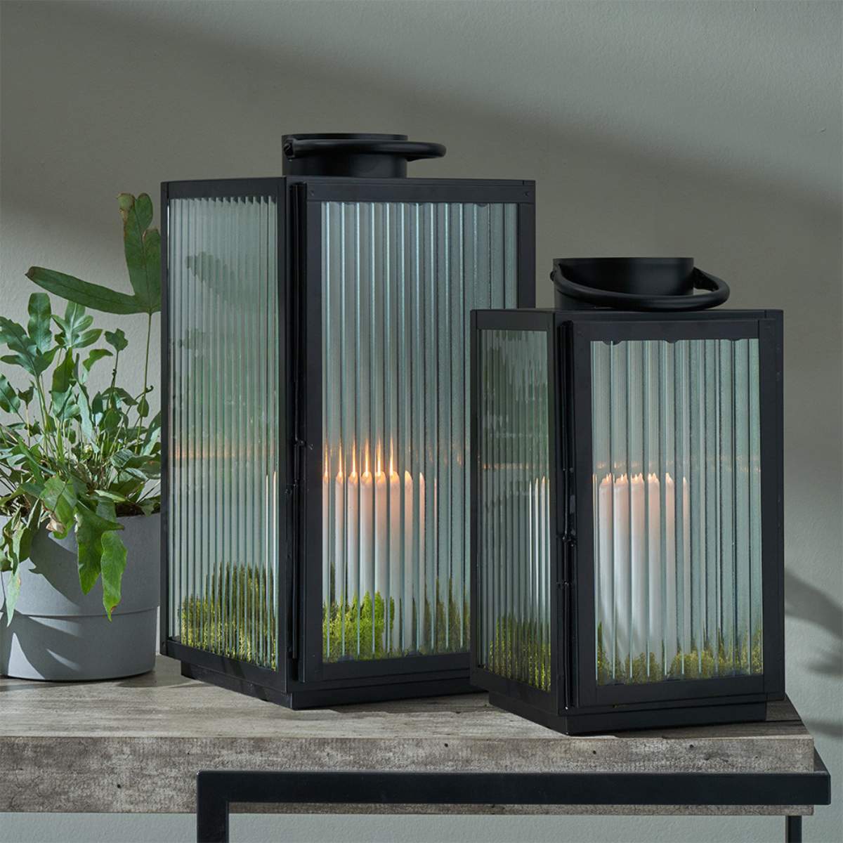 Pacific Lifestyle S/2 Black Metal and Ribbed Glass Lanterns