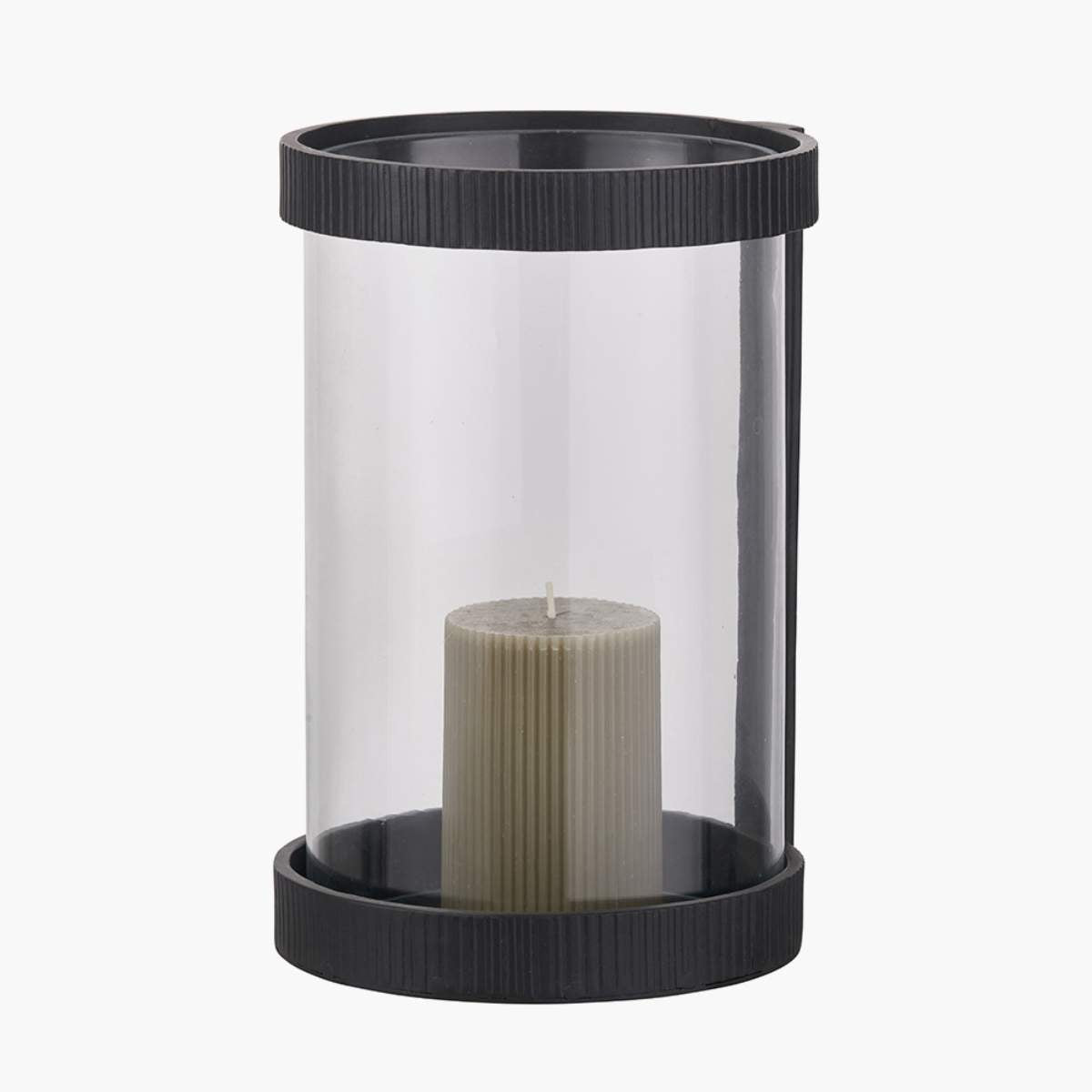 Pacific Lifestyle Black Ribbed Metal and Clear Glass Hurricane