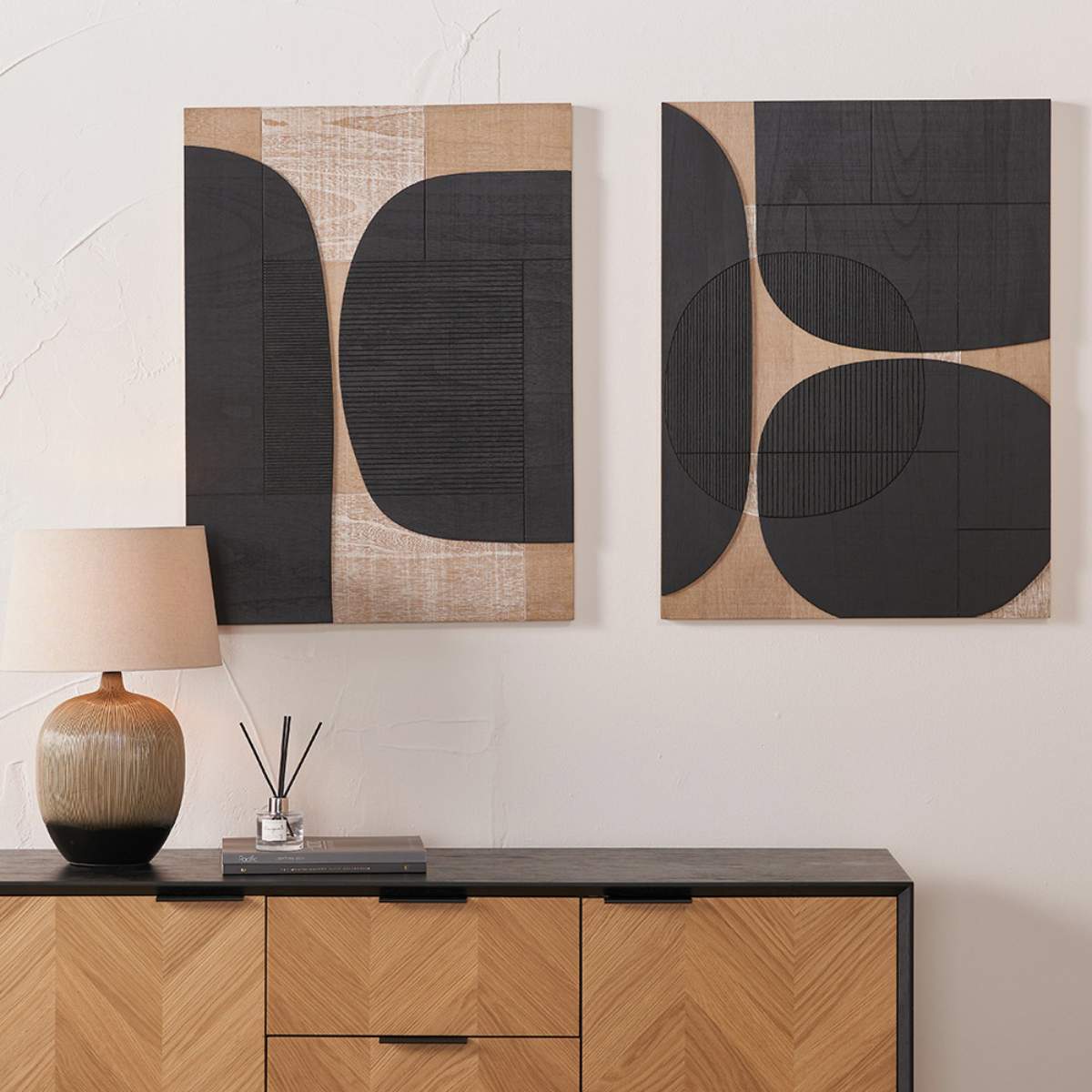 Beau&Co Black and Natural Wood Textured Design Wall Art Pair