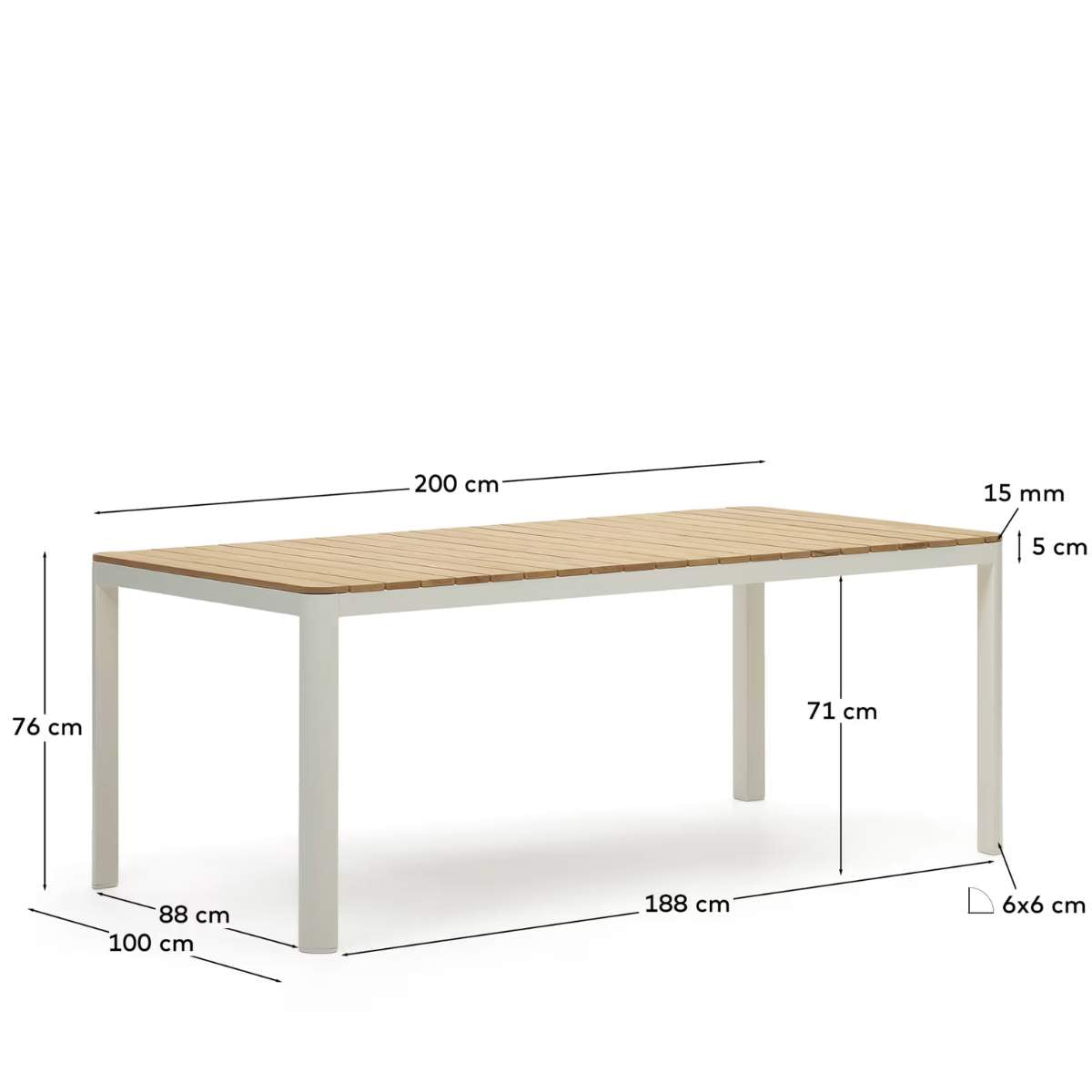 Kave Home Bona aluminium and solid teak table, 100% outdoor suitable with white finish, 160 x 90 cm