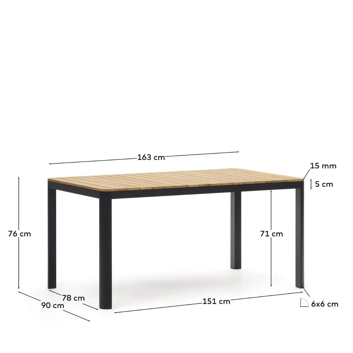 Kave Home Bona aluminium and solid teak table, 100% outdoor suitable with black finish, 160 x 90 cm