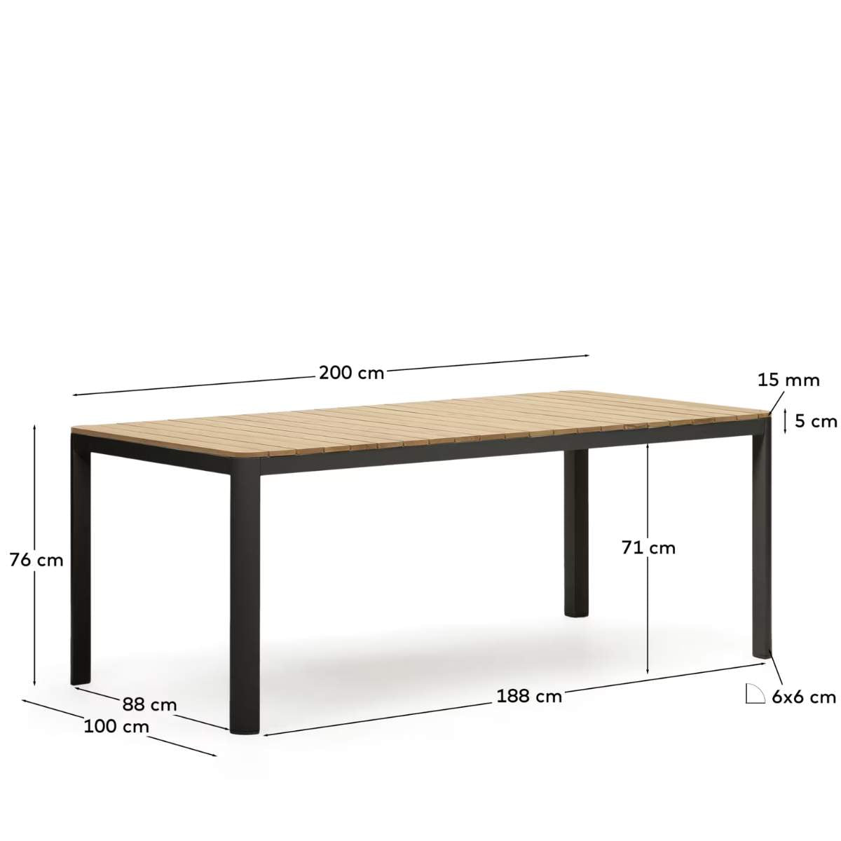Kave Home Bona aluminium and solid teak table, 100% outdoor suitable with black finish, 160 x 90 cm
