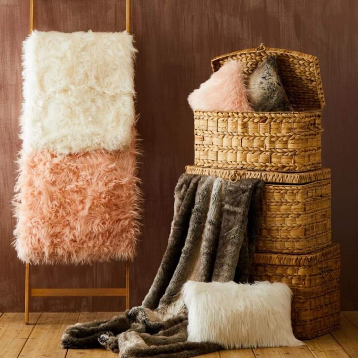 Beaumonde Home Bosie Lamina Cream Fur Throw