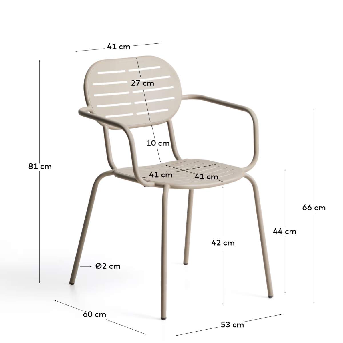 Kave Home Brai stackable outdoor chair with armrests in taupe galvanised steel