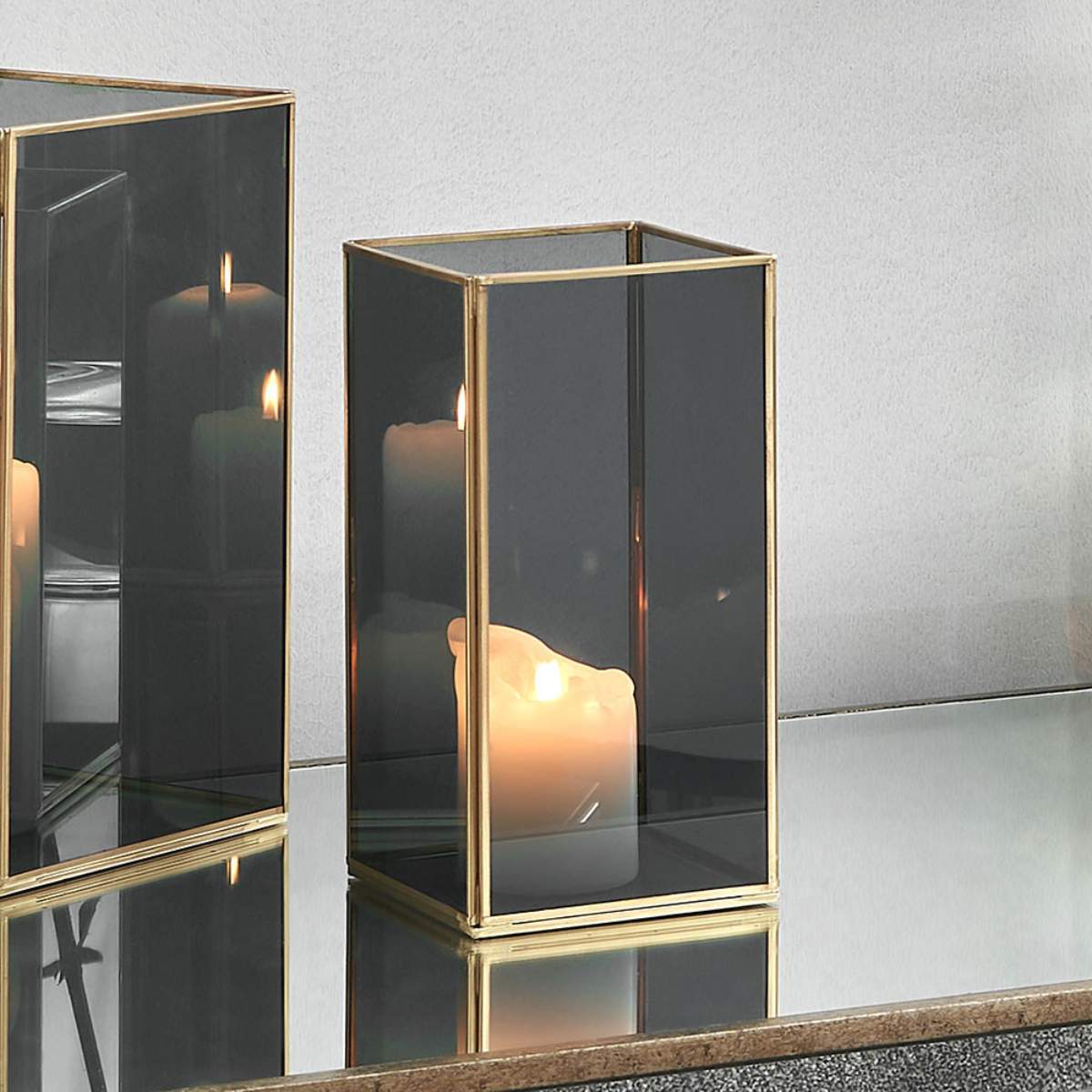 Pacific Lifestyle Brass Metal and Smoked Glass Panelled Square Hurricane