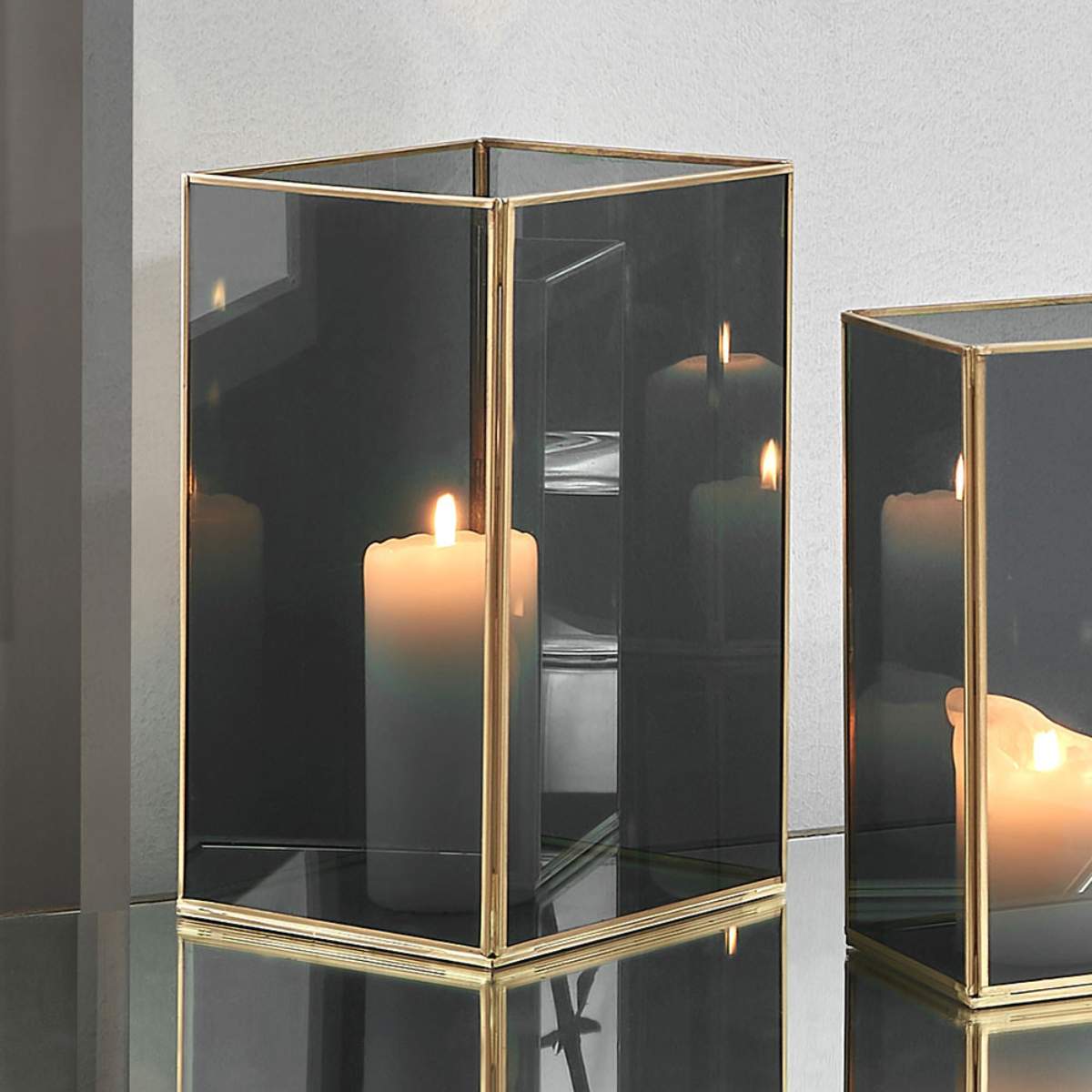 Pacific Lifestyle Brass Metal and Smoked Glass Panelled Square Hurricane